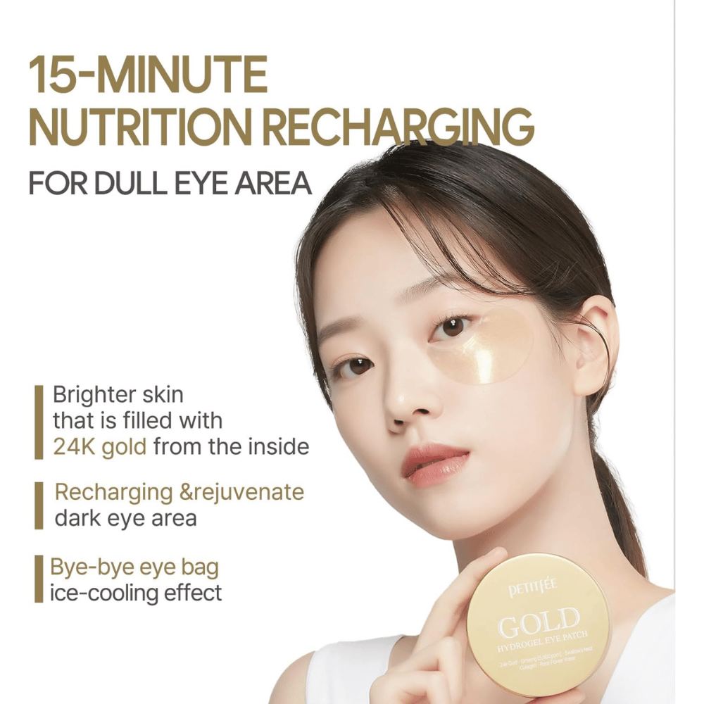 Promotional image with a model using PETITFEE Gold Hydrogel Eye Patch under the eye. The focus is on providing radiance, reviving tired skin, and reducing the appearance of dark circles and puffiness.