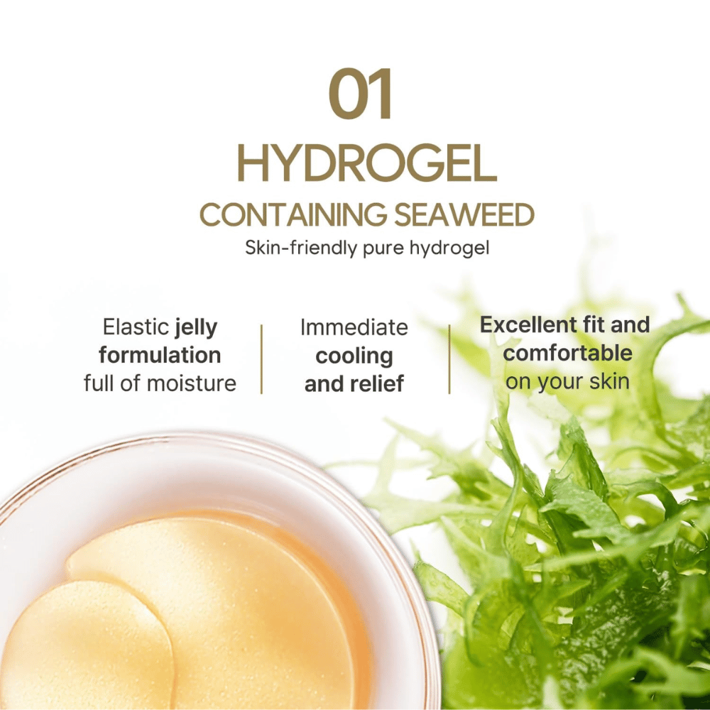 Product image highlighting the hydrogel formula with seaweed and its hydrating, cooling, and skin-friendly properties. The image also shows the gel-based eye patches in the packaging.