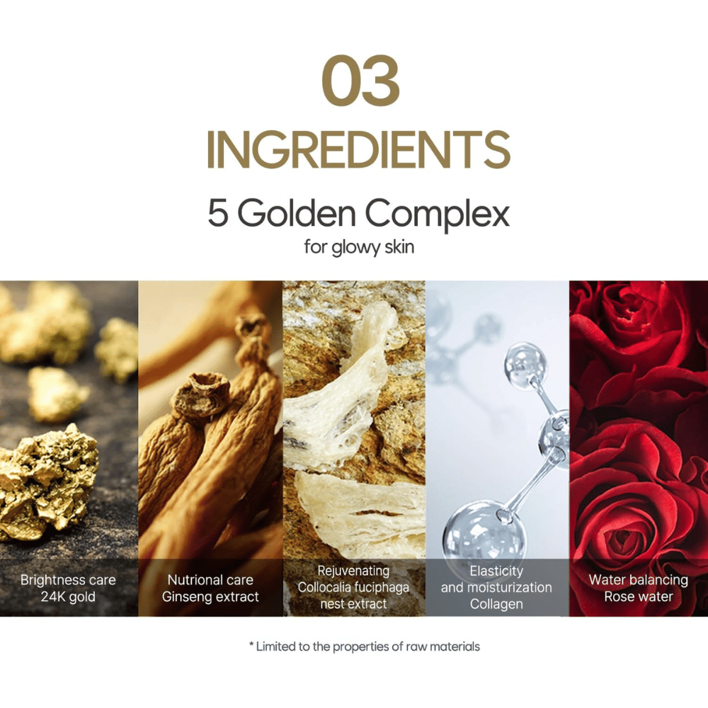 Informational image about the “5 Golden Complex” with ingredients such as 24K gold, ginseng extract, bird's nest extract, collagen, and rose water. The focus is on radiance, elasticity, and hydration.