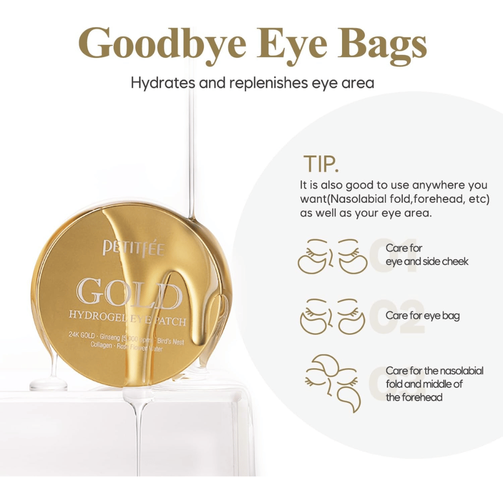 Product image of PETITFEE Gold Hydrogel Eye Patch focusing on hydrating and caring for the under-eye area. The image also shows different areas of use such as under-eye bags, the cheek area, and nasolabial lines.