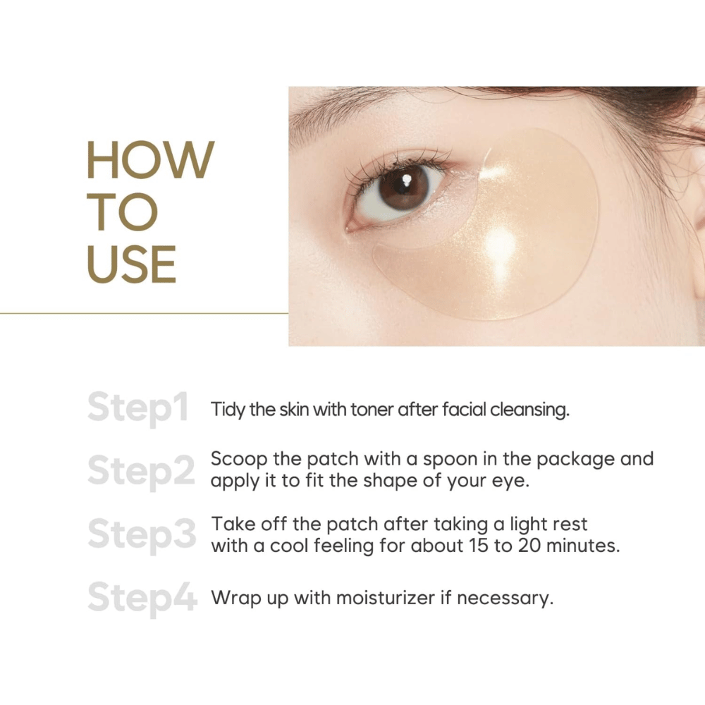 Instructional image showing how hydrogel eye patches are applied under the eyes after cleansing and toner. The step-by-step guide describes usage and the recommended application time for hydrated and refreshed skin.