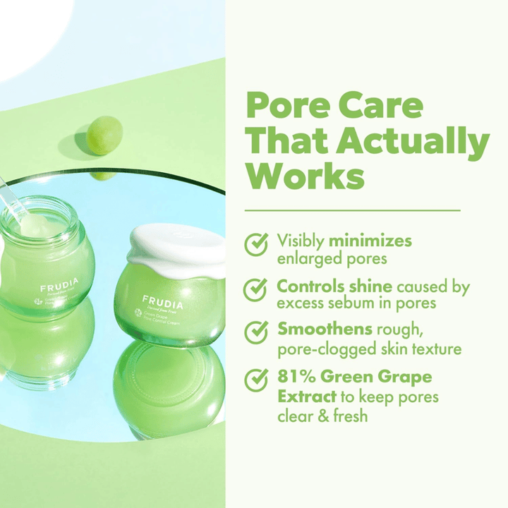 FRUDIA Green Grape Pore Control Cream that visibly reduces pores, controls shine, and evens out skin texture with 81% green grape extract.