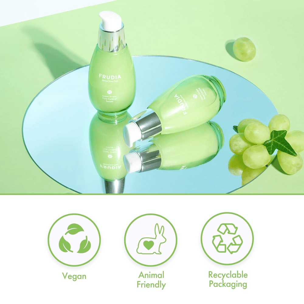 Frudia Green Grape Pore Control Serum with green grapes, vegan formula, cruelty-free and recyclable packaging – Korean skincare for pore reduction and balanced skin.