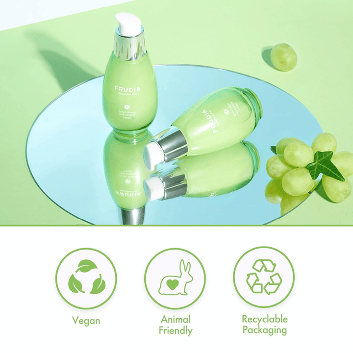 Frudia Green Grape Pore Control Serum with green grapes, vegan formula, cruelty-free and recyclable packaging – Korean skincare for pore reduction and balanced skin.