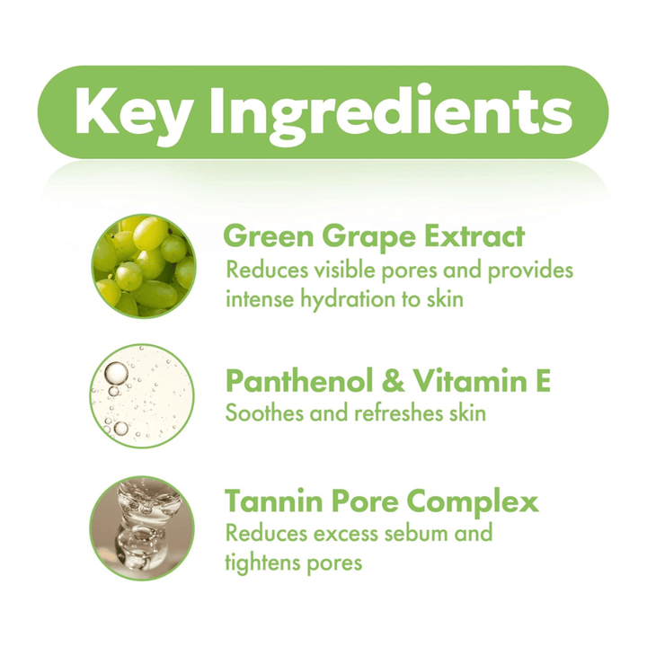 Key ingredients in Frudia Green Grape Pore Control with green grape extract, panthenol, vitamin E, and tannin pore complex that hydrate the skin, reduce pores, and balance sebum.