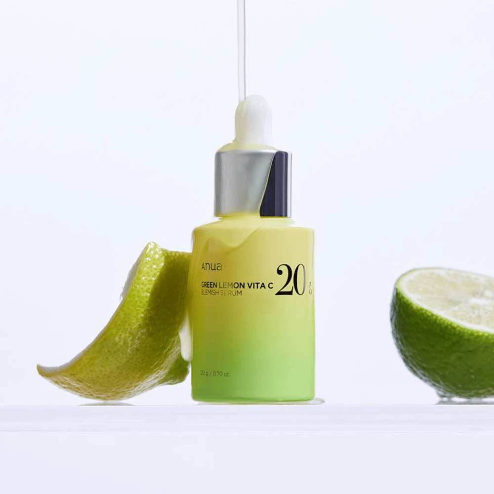 ANUA Green Lemon Vita C Blemish Serum, presented with a green lemon slice, contains 20g serum.