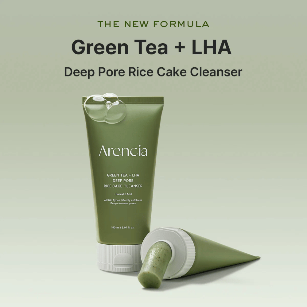 Campaign image for Arencia Green Tea + LHA Deep Pore Rice Cake Cleanser highlighting the new formula with green tea and LHA for deep cleansing of pores.