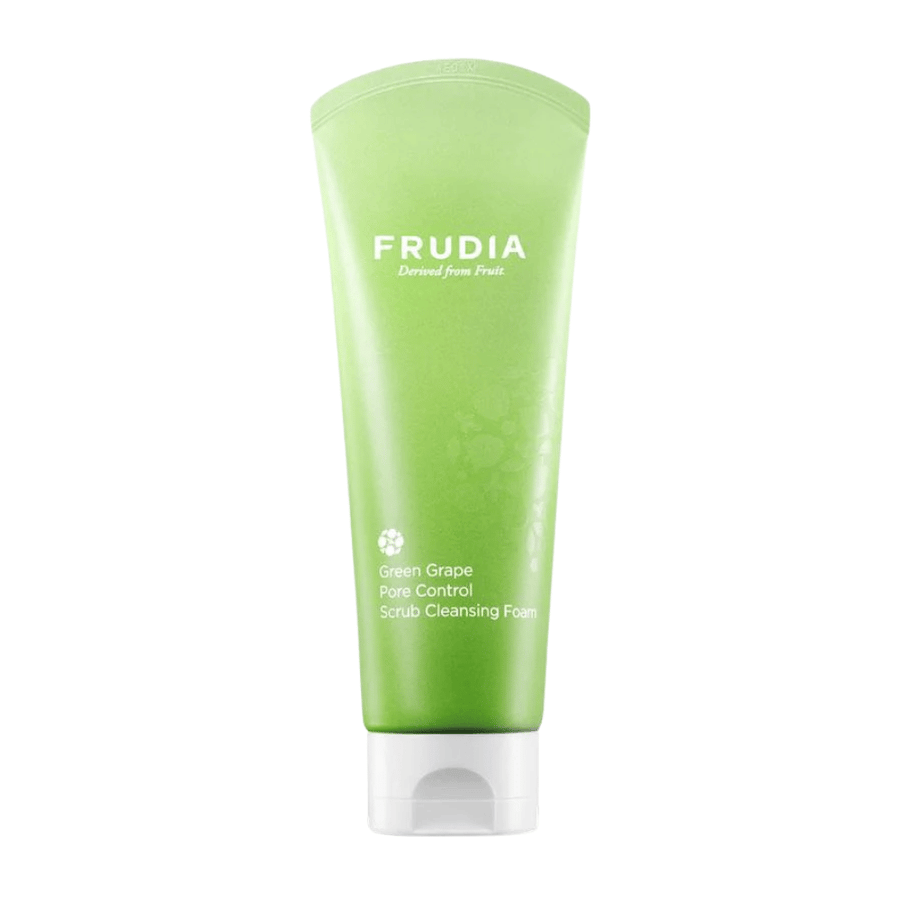 FRUDIA Green Grape Pore Control Scrub Cleansing Foam – pore-reducing face wash with green grape extract that gently exfoliates, deep-cleans pores, and balances sebum for clearer skin.