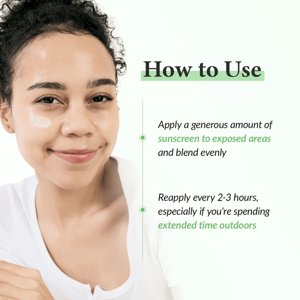 Smiling woman with sunscreen applied on her cheek, next to instructions on how to use sun protection – apply generously, blend evenly, and reapply every 2–3 hours when outdoors.
