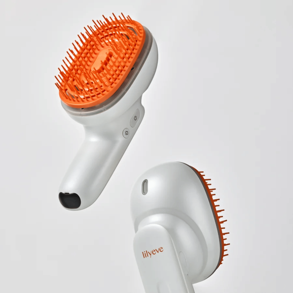 LILYEVE GrowTurn Brush Steam Booster – front and back with ergonomic handle and orange bristles