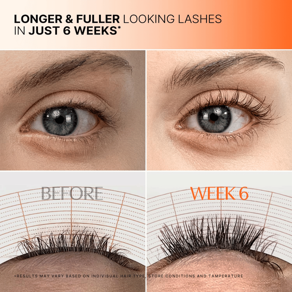 Before-and-after image of eyelashes after 6 weeks of using LILYEVE Grow Turn Exosome Dual Lash Serum.