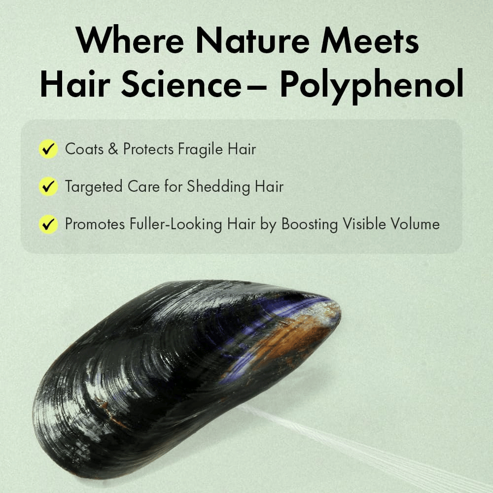 Illustration of polyphenol technology that helps protect fragile hair strands, care for hair that feels thinner, and contribute to fuller hair with more visible volume.