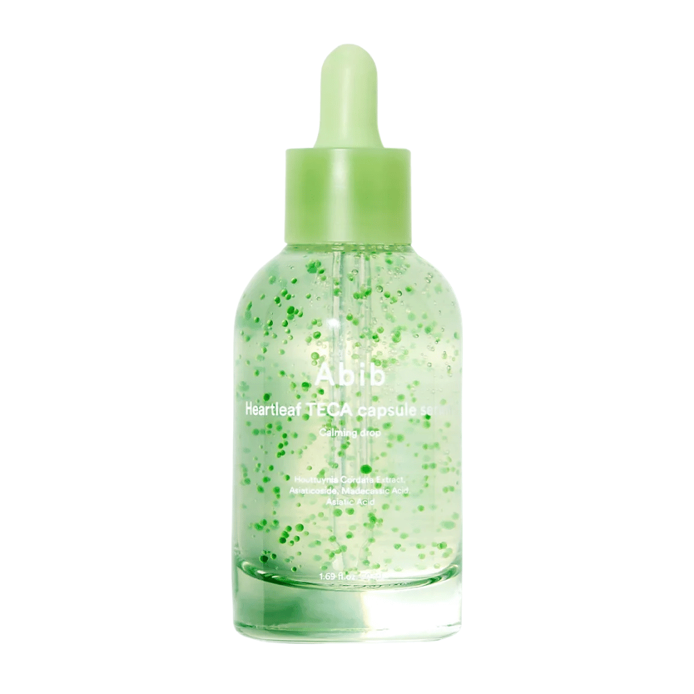 Clean product image of Abib Heartleaf TECA Capsule Serum with green capsules visible in the bottle and focus on the soothing serum design.