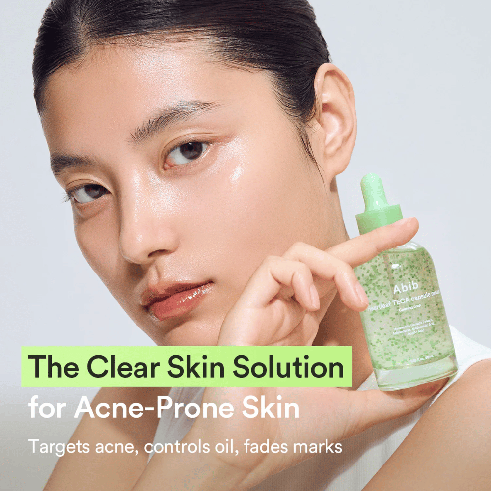 Campaign image with model holding Abib Heartleaf TECA Capsule Serum together with text about clearer skin for acne-prone skin and control of excess oil.