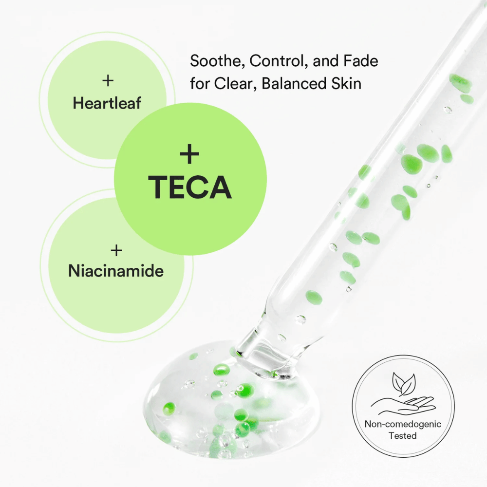 Product illustration showing the combination of Heartleaf, TECA, and niacinamide to balance the skin, control oil, and reduce visible skin concerns.