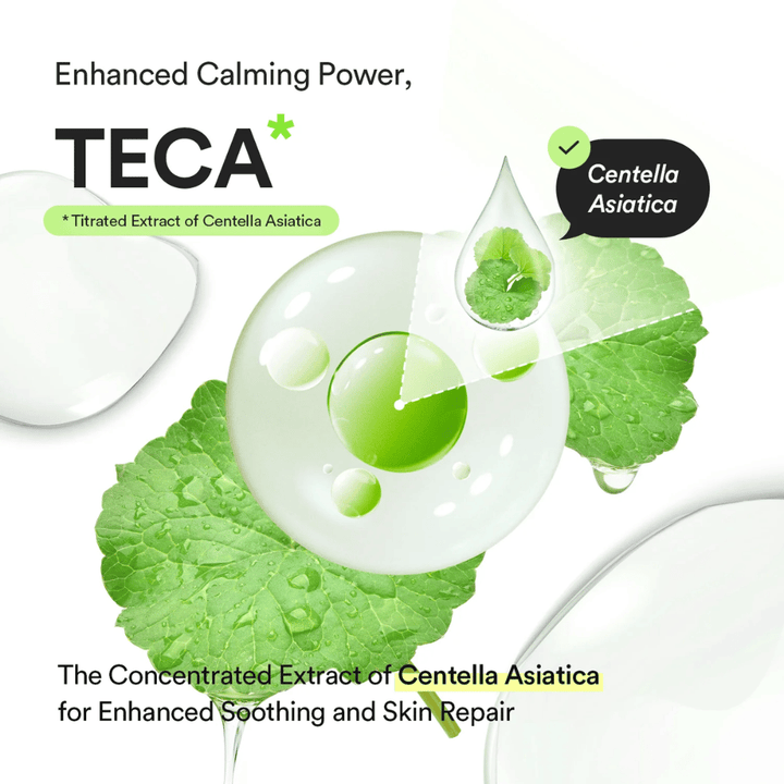 Graphic ingredient image highlighting TECA and Centella Asiatica with focus on soothing properties and support for skin repair and the skin barrier.