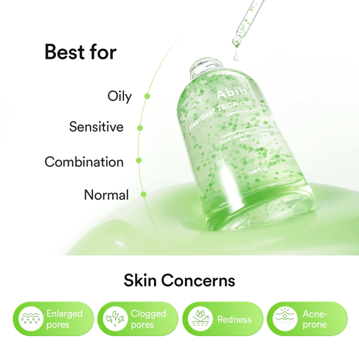 Informational image showing that Abib Heartleaf TECA Capsule Serum is suitable for oily, sensitive, combination, and normal skin and targets pores, redness, and acne-prone skin.