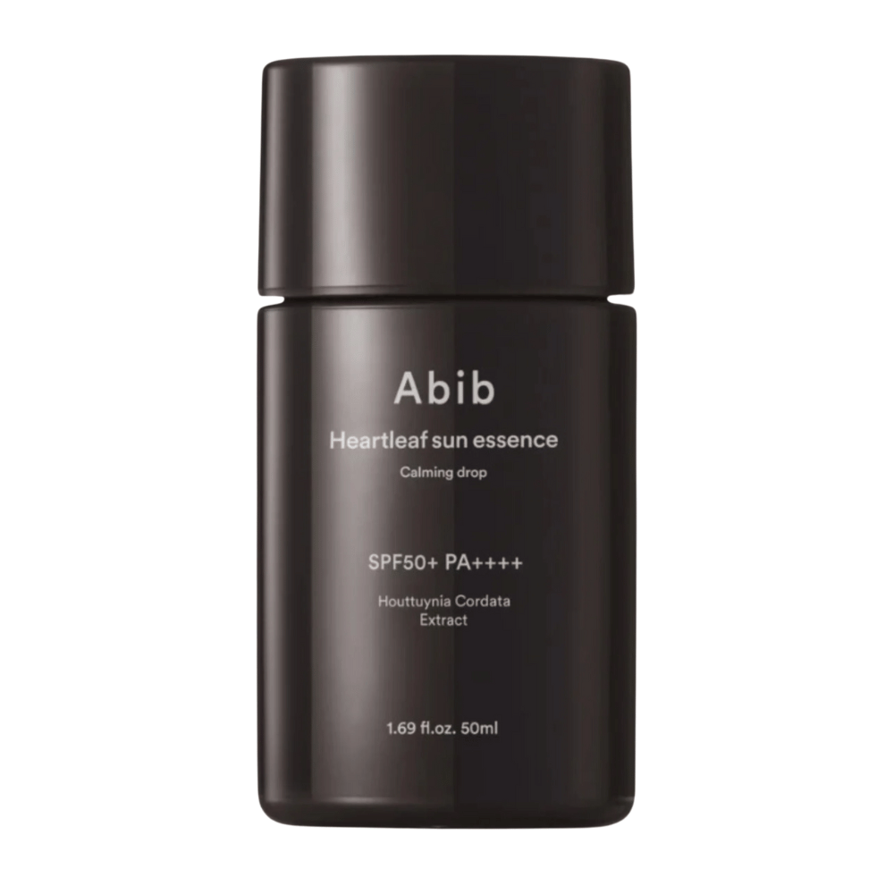 Product image of Abib Heartleaf Sun Essence Calming Drop in black packaging with white text and SPF50+ PA++++, 50 ml.
