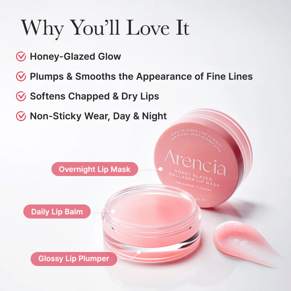 Product image with an opened jar and applicator highlighting benefits such as a honey-glazed glow, softer lips, and comfortable use both day and night.