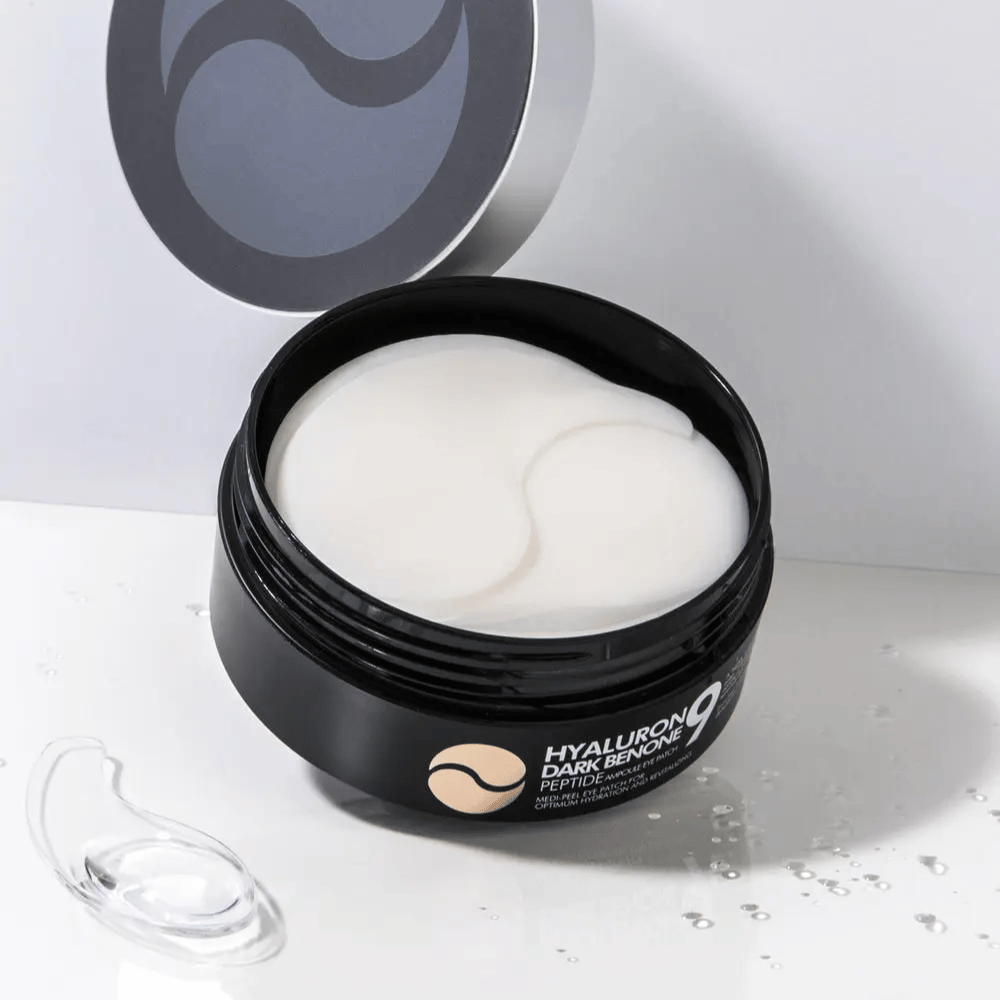 Close-up of Hyaluron Dark Benone Peptide 9 Ampoule Eye Patch – soft hydrogel eye patches that help to moisturize, smooth, and refresh the skin under the eyes.