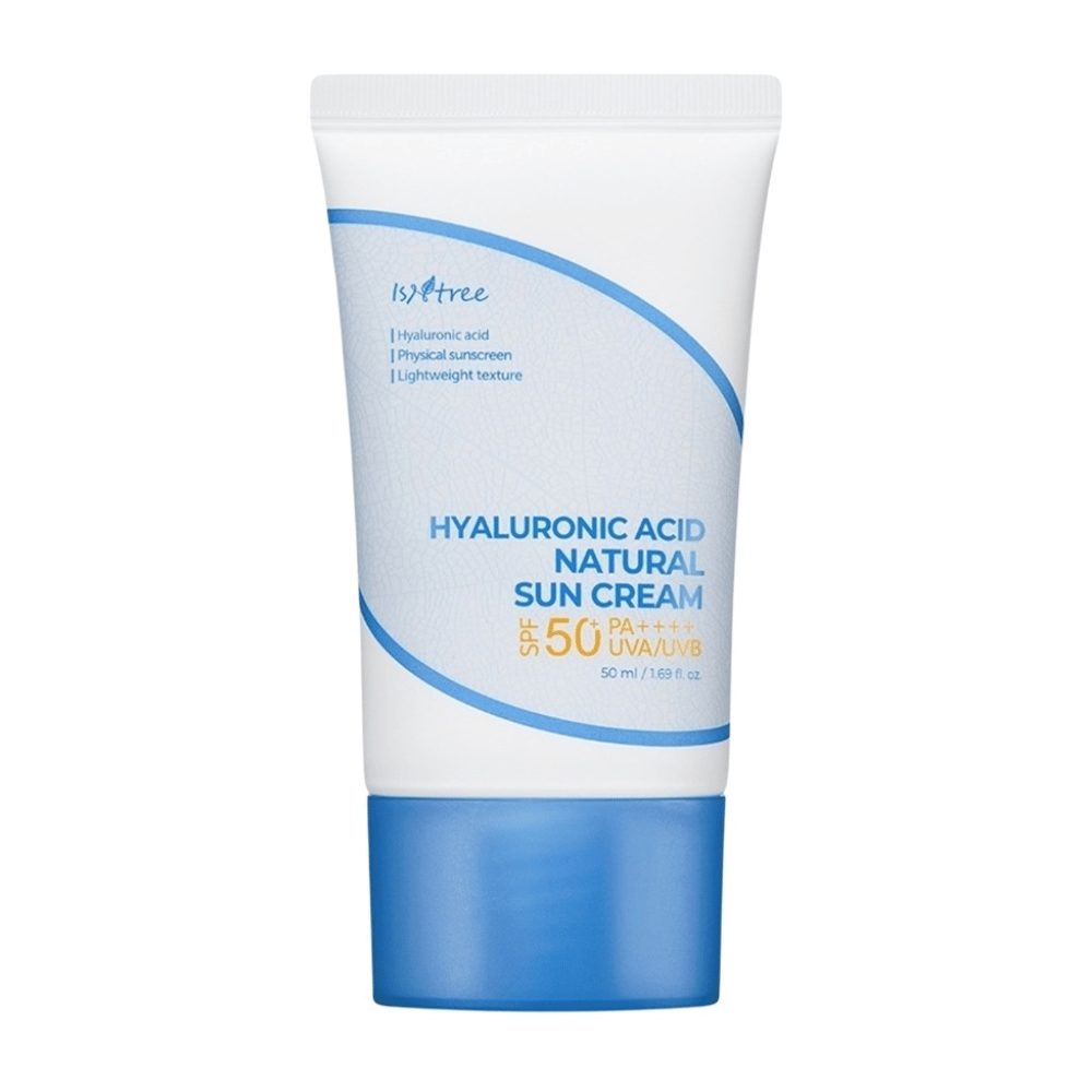 Isntree Hyaluronic Acid Natural Sun Cream with SPF50+ PA++++ protects against UVA/UVB, moisturizes with hyaluronic acid, and is suitable for sensitive skin thanks to its light, physical, and non-comedogenic formula.