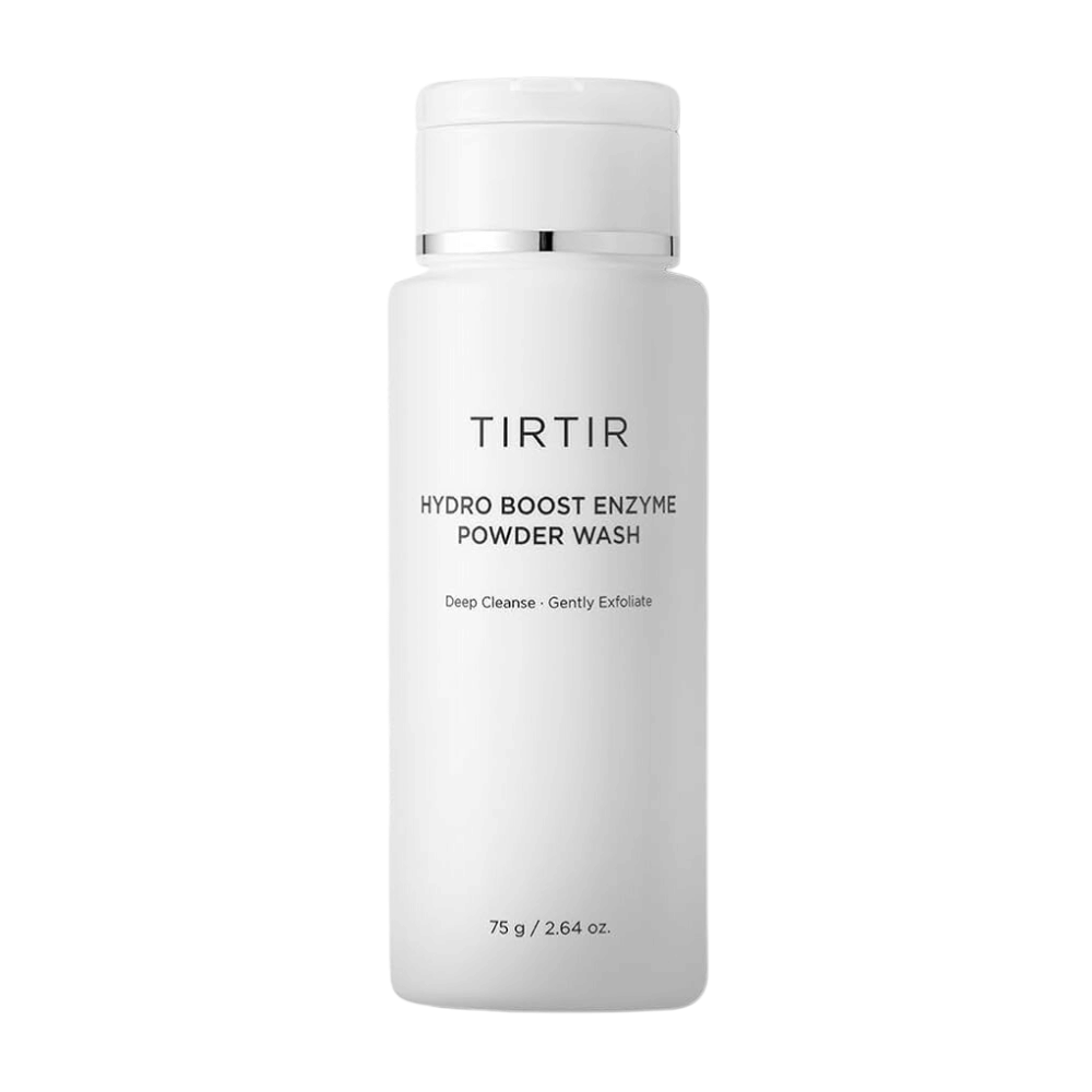 A white, smooth bottle of TIRTIR Hydro Boost Enzyme Powder Wash. The text on the bottle describes the product as a deep cleansing and mild exfoliating face wash. The size is stated as 75 g / 2.64 oz.
