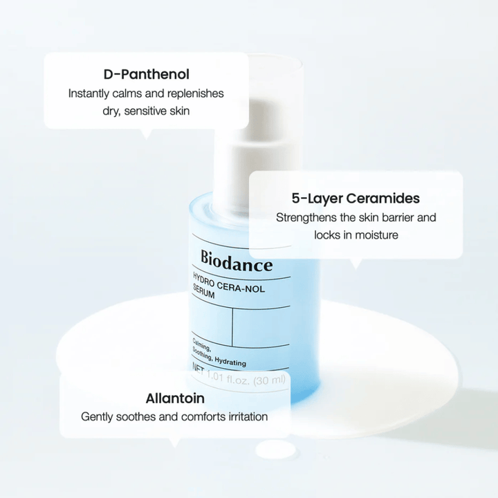 D-Panthenol – Soothes and hydrates sensitive skin.
5-layer ceramides – Strengthens the skin barrier and locks in moisture.
Allantoin – Softens and reduces irritation.