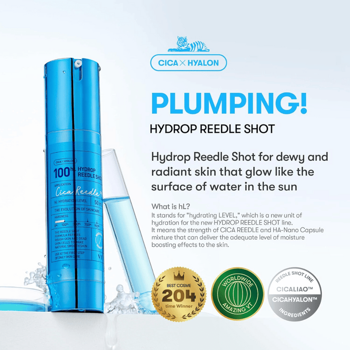 Blå flaska VT Cica Hyalon Hydrop Reedle Shot 100hL med genomskinlig pipett, text om återfuktande effekt och hudens lyster, samt tre emblem som lyfter produktens utmärkelser och ingredienser.