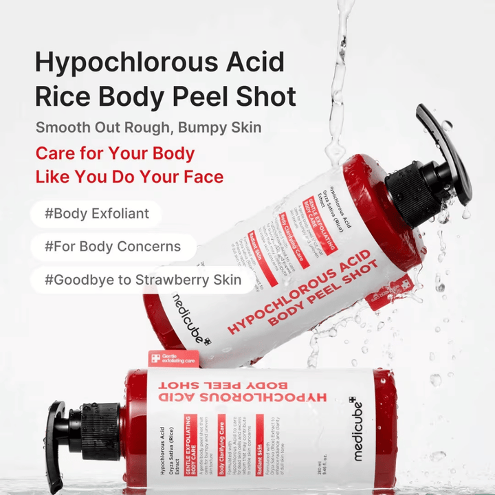 Campaign image for Medicube Hypochlorous Acid Body Peel Shot with a water effect and focus on body exfoliation for strawberry skin, uneven skin texture, and dry patches.