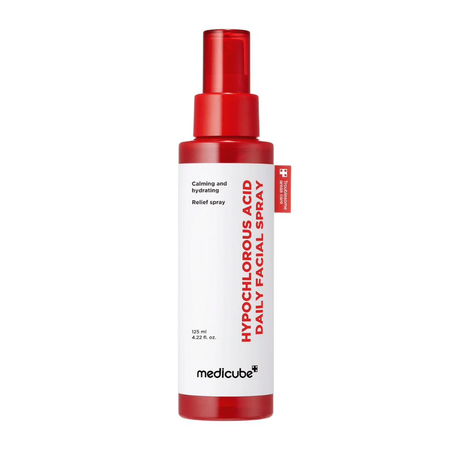 Cutout product image of Medicube Hypochlorous Acid Daily Facial Spray on a light background. The red and white bottle design is in focus and showcases the product's clean and professional appearance.