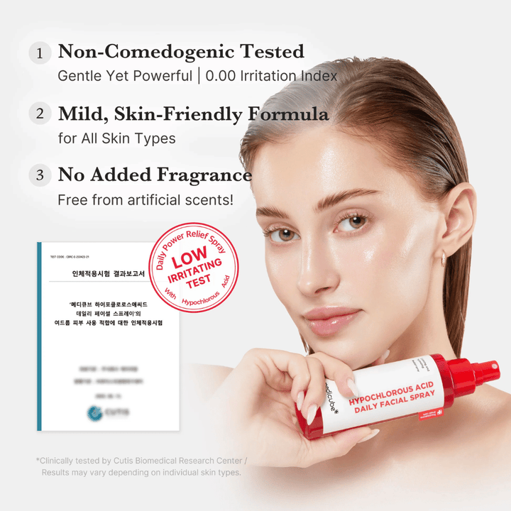 Model holding Medicube Hypochlorous Acid Daily Facial Spray together with information that the product is tested for low irritation, is fragrance-free, and suitable for all skin types. A test certificate is shown in the background to reinforce the product's credibility.