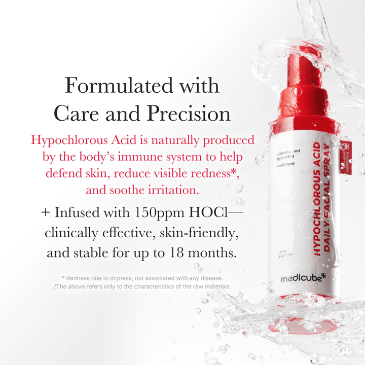 Product image with water splashes around the bottle that emphasize the fresh and soothing feel. The image highlights hypochlorous acid as an ingredient that naturally occurs in the body's immune defense and is used to help soothe the skin.