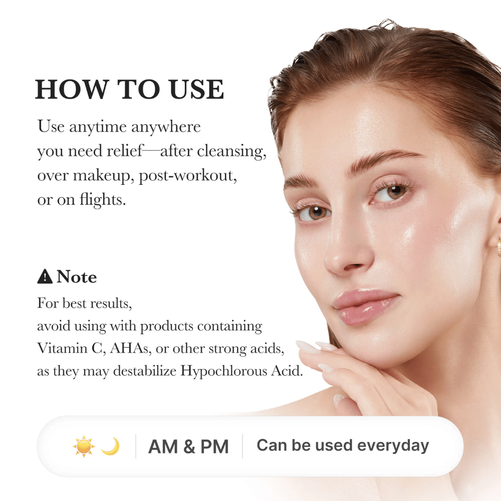 Usage guide showing a model with hydrated and radiant skin. The image explains that the spray can be used after cleansing, over makeup, after exercise, or while traveling. It also includes information about avoiding use together with strong acids such as AHA and vitamin C.