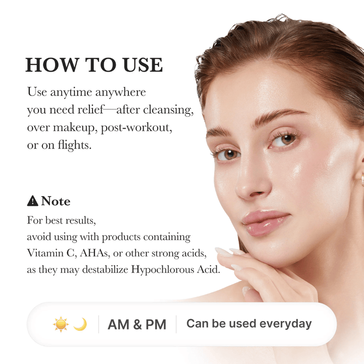 Usage guide showing a model with hydrated and radiant skin. The image explains that the spray can be used after cleansing, over makeup, after exercise, or while traveling. It also includes information about avoiding use together with strong acids such as AHA and vitamin C.