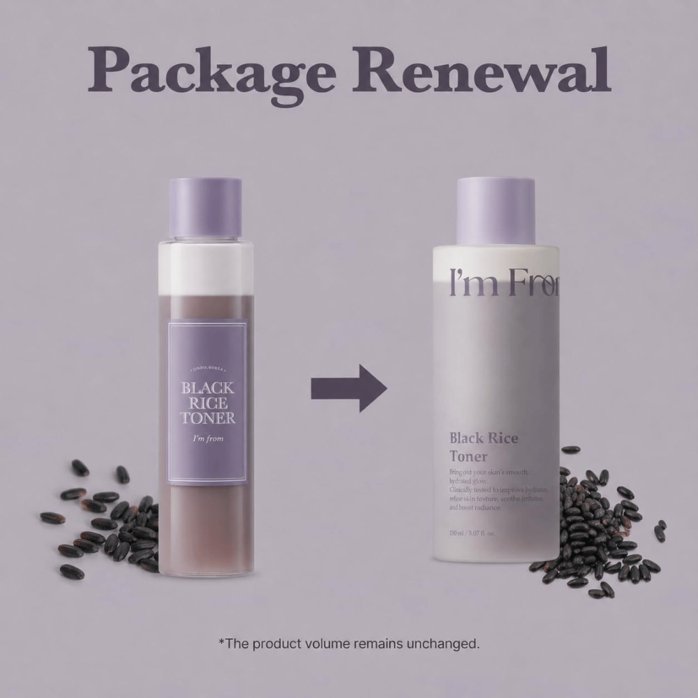 I'm From Black Rice Toner 150 ml, comparison between the previous transparent bottle and the new light purple packaging.
