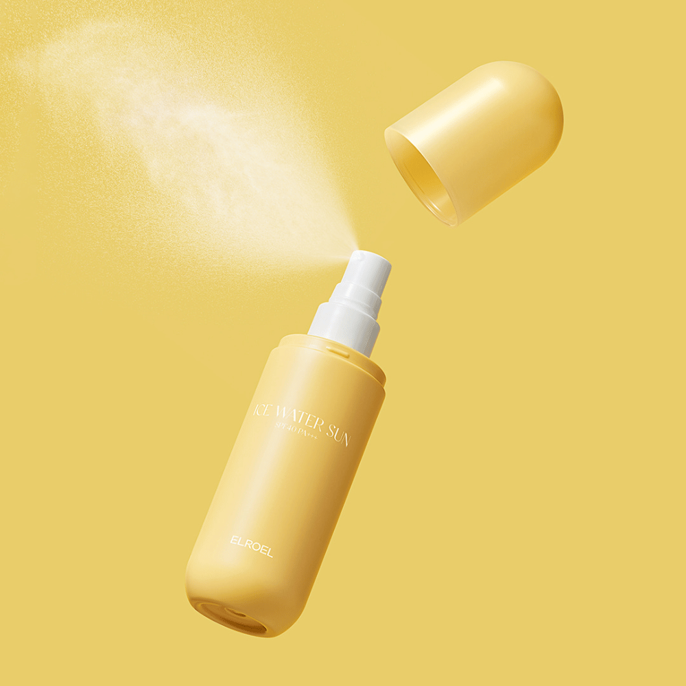 ELROEL Ice Water Sun Mist SPF 40 PA+++ spray bottle with removable cap and even spray that protects the skin from UV rays and provides a cooling effect