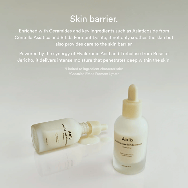 Product image of Abib Jericho Rose Bifida Serum together with information about the skin barrier, ceramides, and intensive hydration.