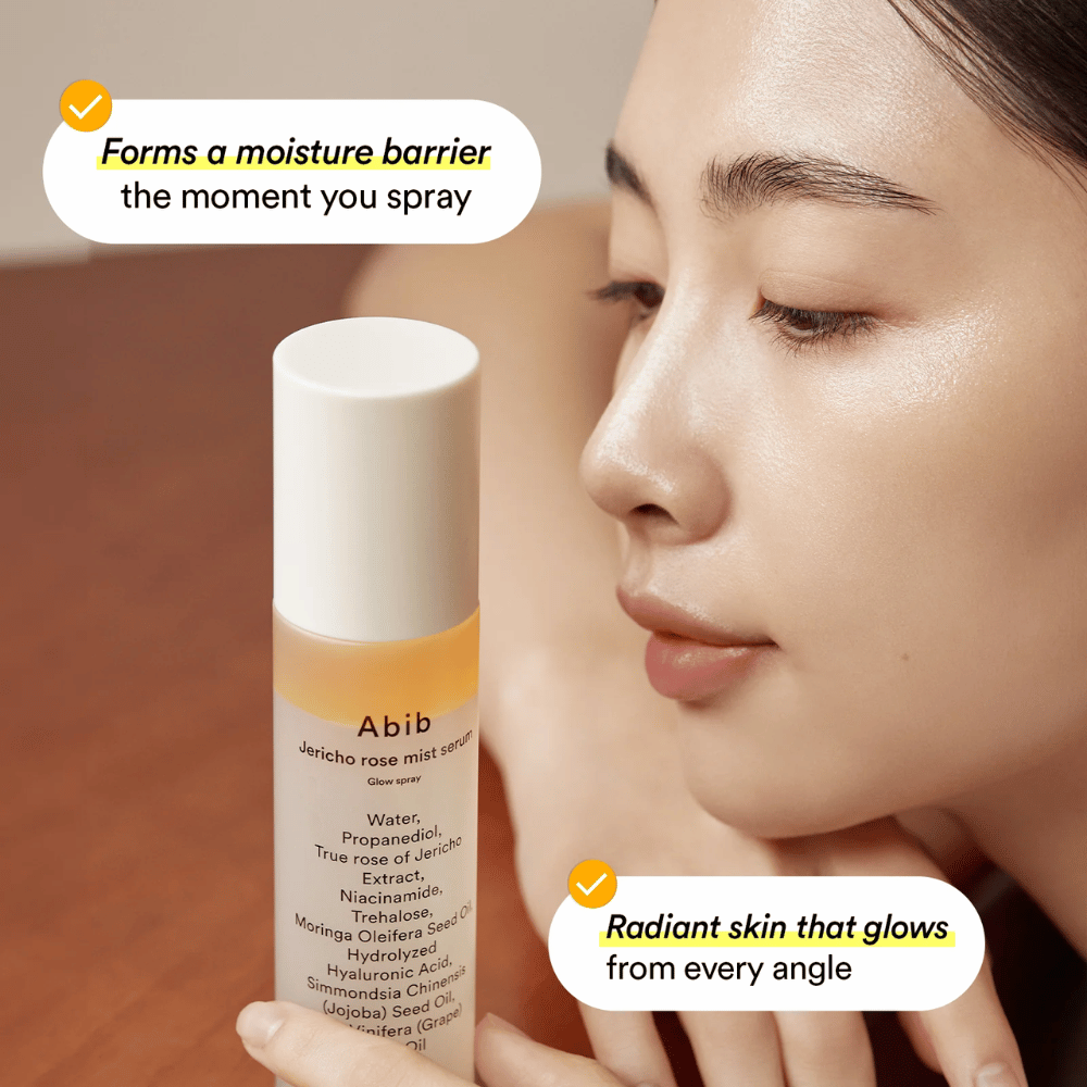 Woman shows her hydrated skin after using Abib Jericho Rose Mist Serum. Creates a protective moisture barrier.