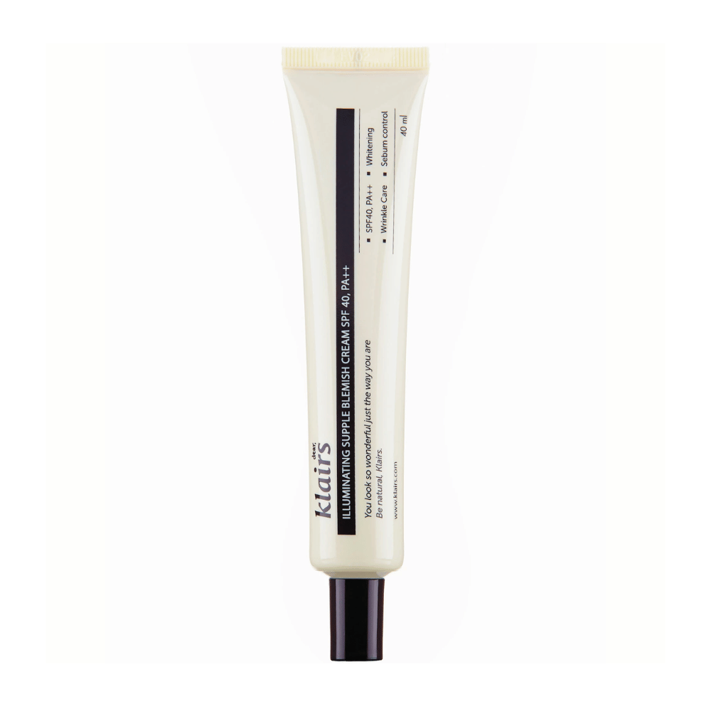 A tube of Klairs Illuminating Supple Blemish Cream SPF40 PA++, a tinted day cream, against a white background.