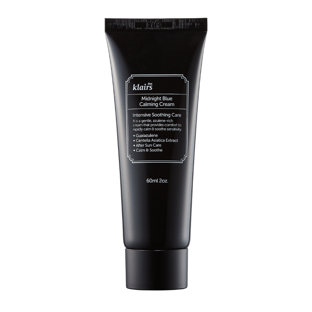 A black tube of Klairs Midnight Blue Calming Cream, described as an intensely soothing cream, against a white background.