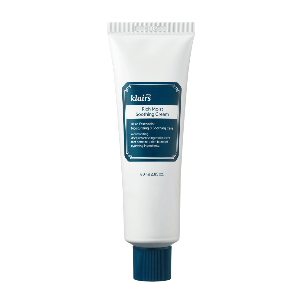 A tube of Klairs Rich Moist Soothing Cream with dark blue details and product information, presented against a clean white background.
