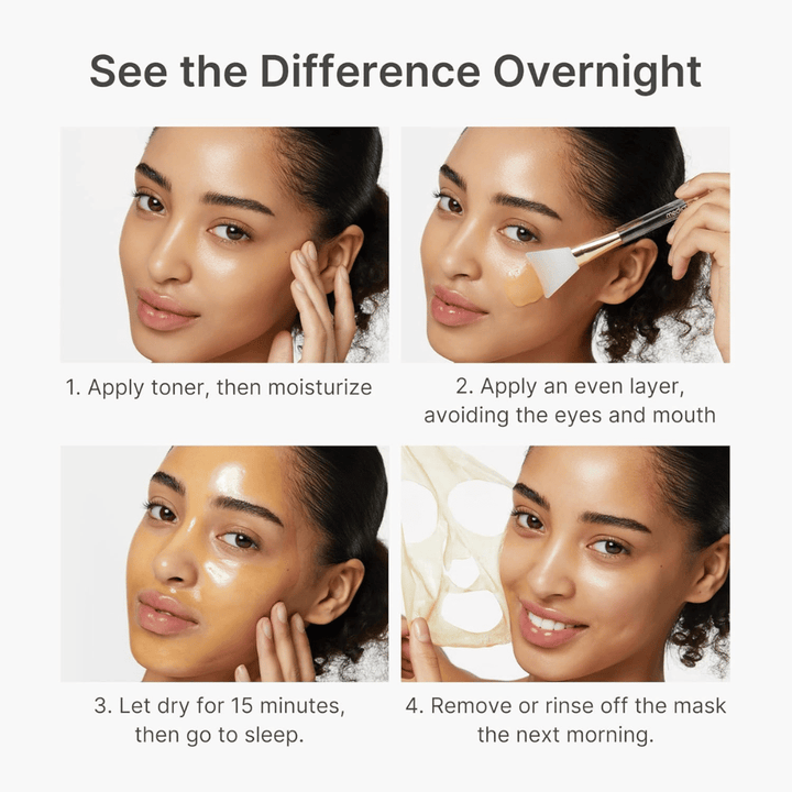 Medicube Kojic Acid Turmeric Night Wrapping Mask is applied as a night mask in four steps for clearer, more even, and more radiant skin overnight.