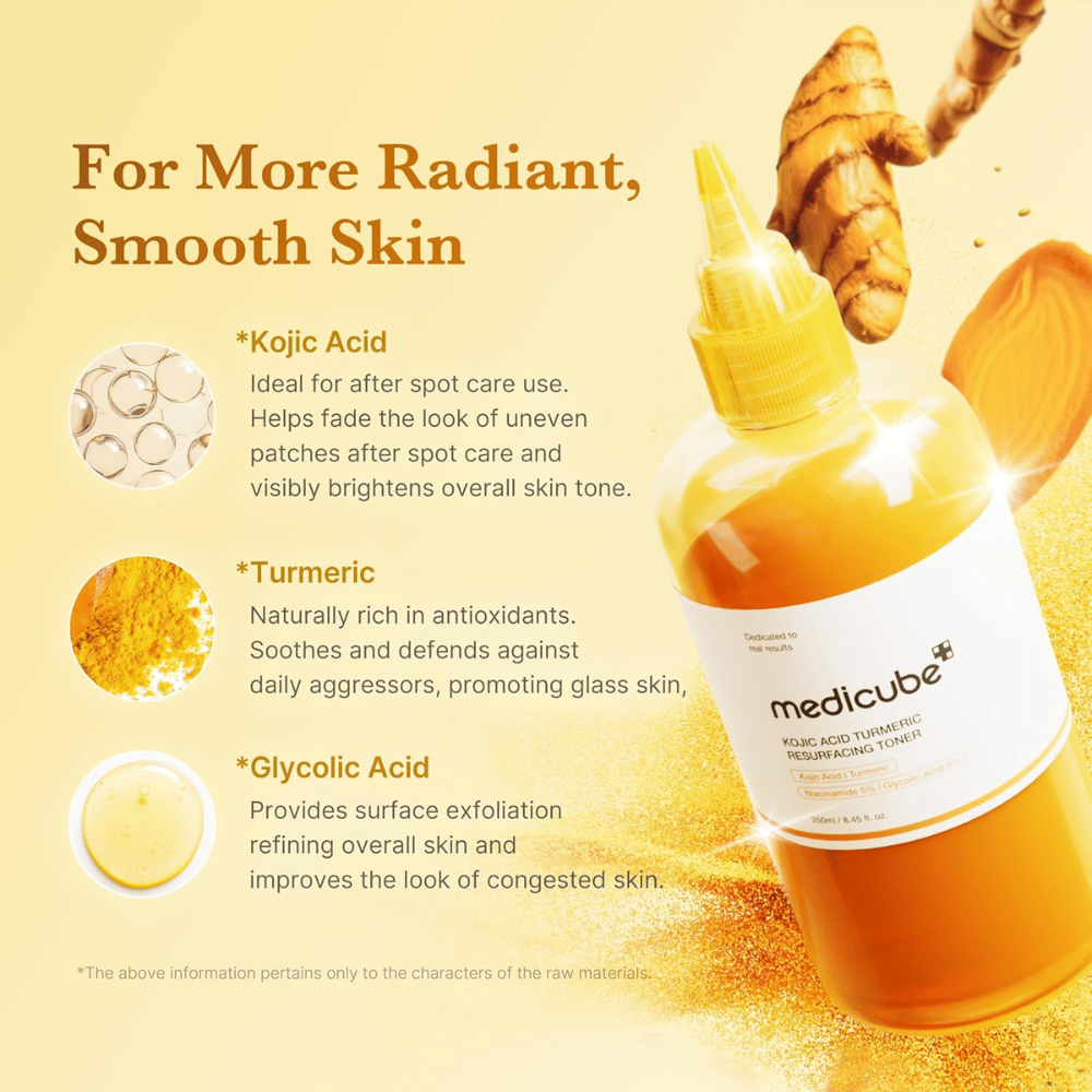 Ingredient image for Medicube Kojic Acid Turmeric Resurfacing Toner focusing on kojic acid, turmeric, and glycolic acid for exfoliation, radiance, and a more even skin tone.