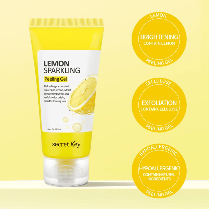 Secret Key Lemon Sparkling Peeling Gel – innehåller citron och cellulosa för exfoliering, lyster och mjukare hud, skonsam mot känslig hy.