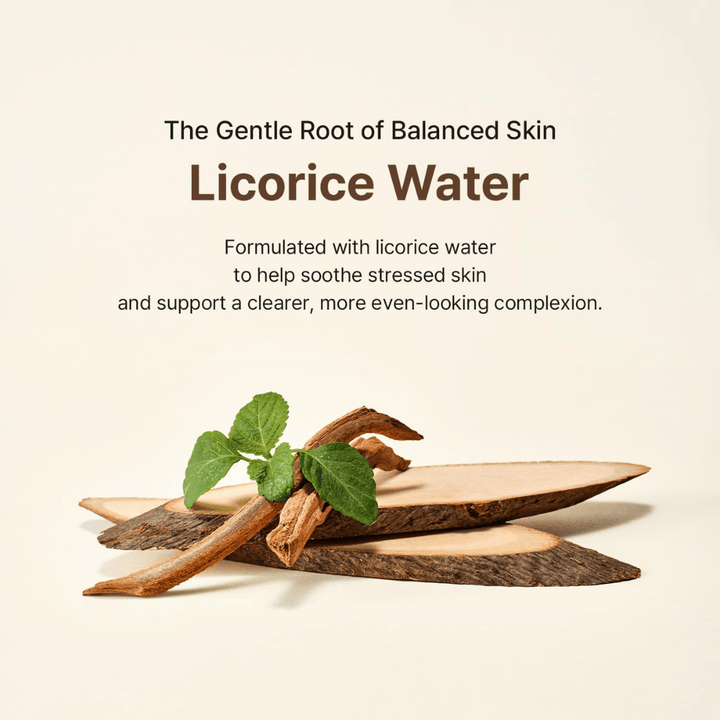 Informational image about licorice water and its soothing and evening effect on the skin.