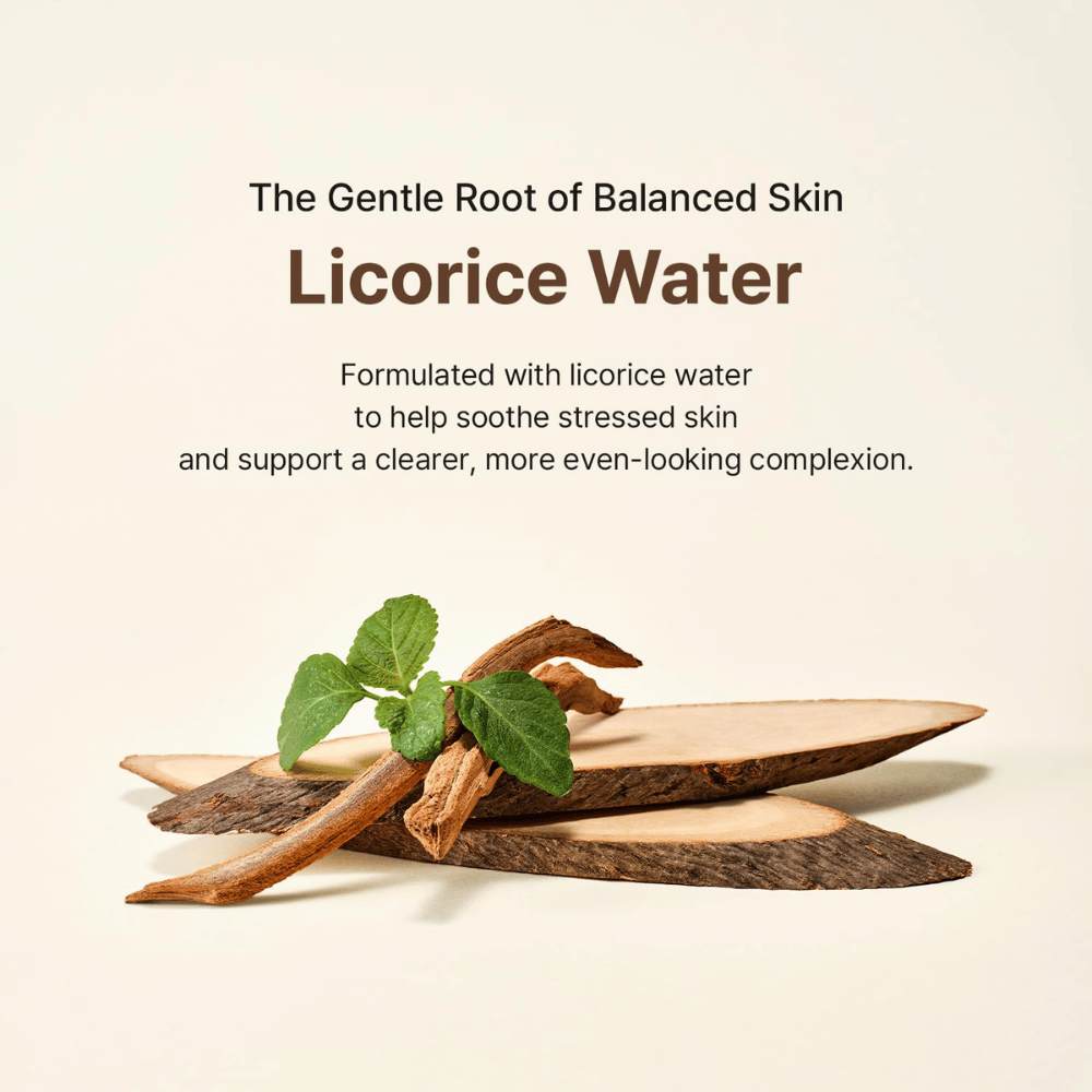 Licorice root and green leaves illustrate the key ingredient in Acwell Licorice pH Balancing Essence Mist. Licorice water helps soothe stressed skin and contribute to a more even skin tone.