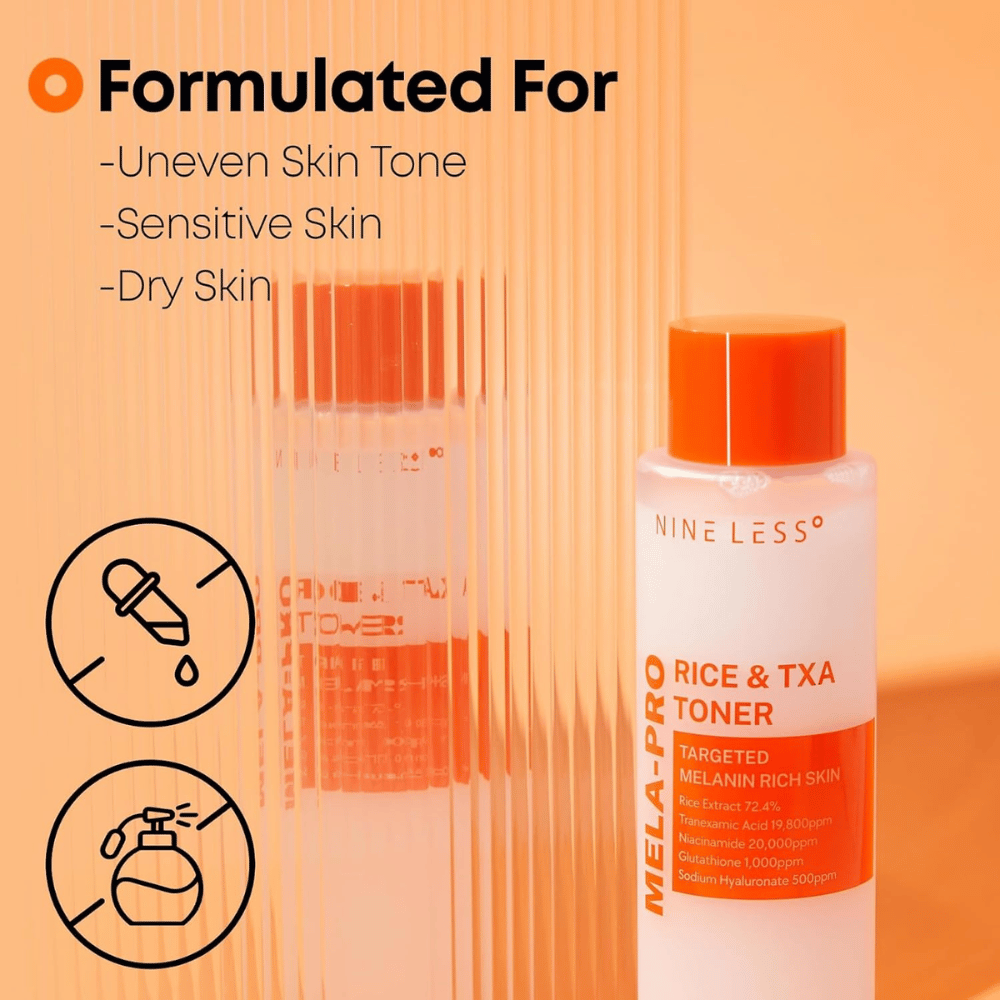 2. NINE LESS MELA-PRO Rice & TXA Toner – facial toner for uneven skin tone, sensitive and dry skin with rice extract and tranexamic acid