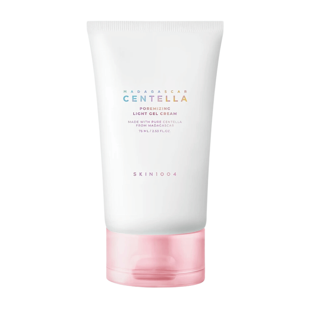 Madagascar Centella Poremizing Light Gel Cream is presented in a white and pink tube. The product is made with pure centella from Madagascar and has a light gel-like consistency, making it ideal for reducing pores and providing a fresh feeling.