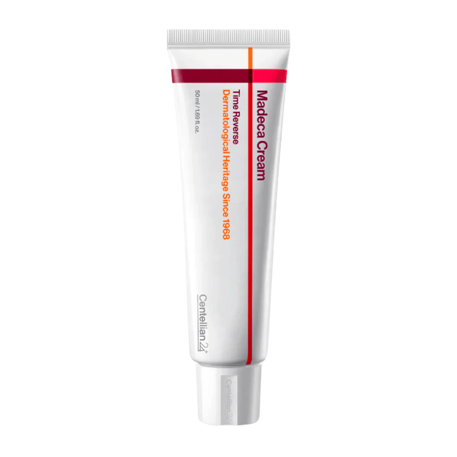 Product image of Centellian24 Madeca Cream Time Reverse in tube on white background, a repairing face cream with centella asiatica that strengthens the skin barrier and is suitable for sensitive skin.