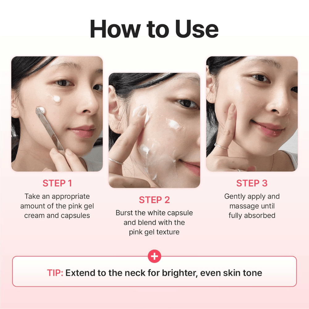 Step-by-step guide showing how Centellian24 Madeca Mela Capture Ampoule Capsule Cream is applied by mixing the capsules with the gel cream and massaging until the product is absorbed.
